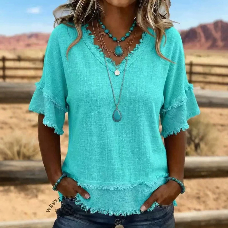 2026 Summer New European and American Style Loose V-neck Fringed Short Sleeve T-shirt Solid Color Casual Top Cross-border Women's Shirt 2026 Summer New European and American Style Loose V-neck Fringed Short Sleeve T-shirt Solid Color Casual Top Cross-border Women's Shirt