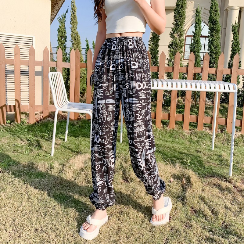 印花绵绸阔腿长裤女波西米亚民族风沙滩度假海边防蚊灯笼休闲裤夏