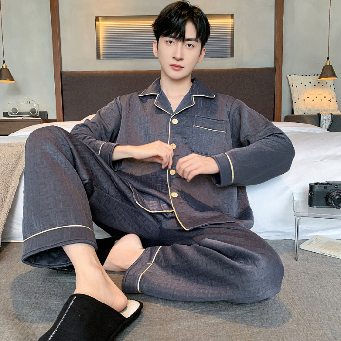 Pijama de algodón de aire para hombres primavera y otoño invierno intercalado de manga larga de algodón para jóvenes engrosados Cardigan conjunto de ropa para el hogar