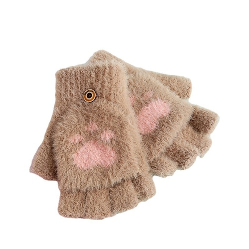 Winter New Adult Student Half Finger Foldable Bear Paws Dual-Use Warm Gloves Direct Manufacturer Sale