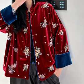 丝绒夹棉外套深圳南油秋冬新中式贵气松驰感亮片钉珠口袋源头工厂