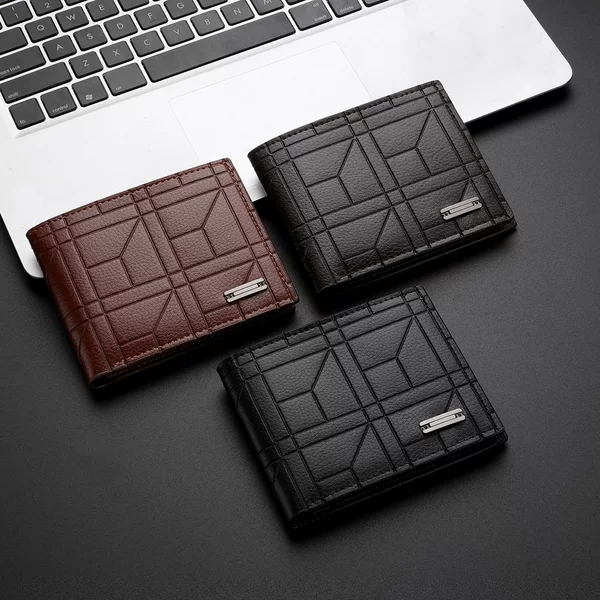 New men's wallet with zipper, men's purse, youth fashion plaid horizontal soft leather wallet, large capacity, multiple card slots