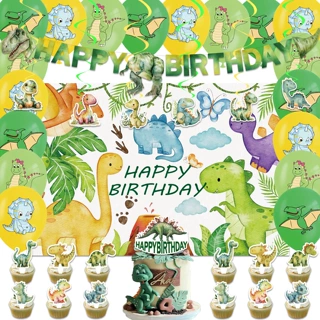 新款丛林恐龙生日派对装饰拉旗气球背景布蛋糕插排派对用品