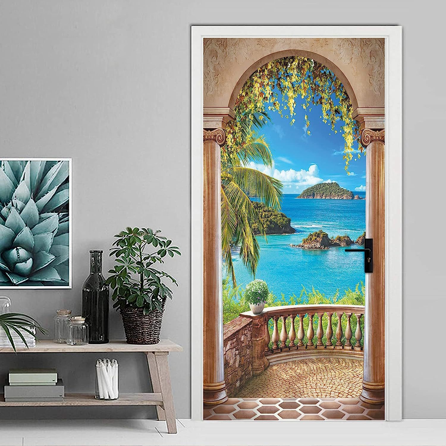 Adhesivo 3D para puerta con arco de balcón junto al mar, autoadhesivo, ideal para sala de estar, dormitorio y hogar._voghion.com