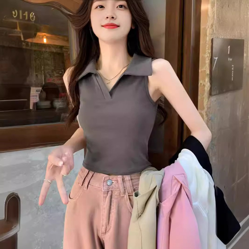 Women's Unique Solid Color Fashionable All-match Polo Collar Vest Summer Chic Base Shirt Short Sleeveless Top Trendy