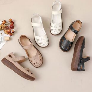 Genuine Leather Sandals Women's 2025 Spring and Summer New Flat Shoes for Middle-aged and Elderly Moms and Shoes Hollow Ox-tendon Soft-soled Leather Shoes