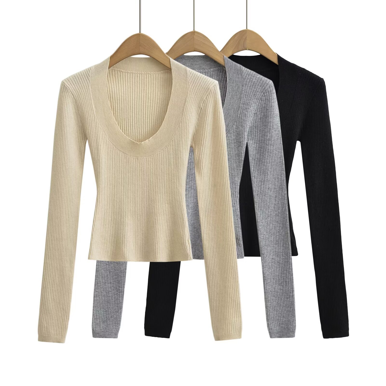 8113-23秋季新款  欧美纯欲风辣妹性感U领气质弹力修身打底针织衫