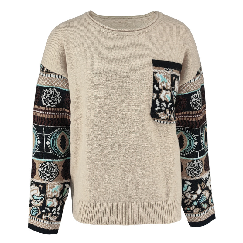 Women's Clothing Women's Autumn Knitted Loose Sweater Round Neck Color Block Long Sleeve Top For Formal & Casual For Women_ecoleips.com