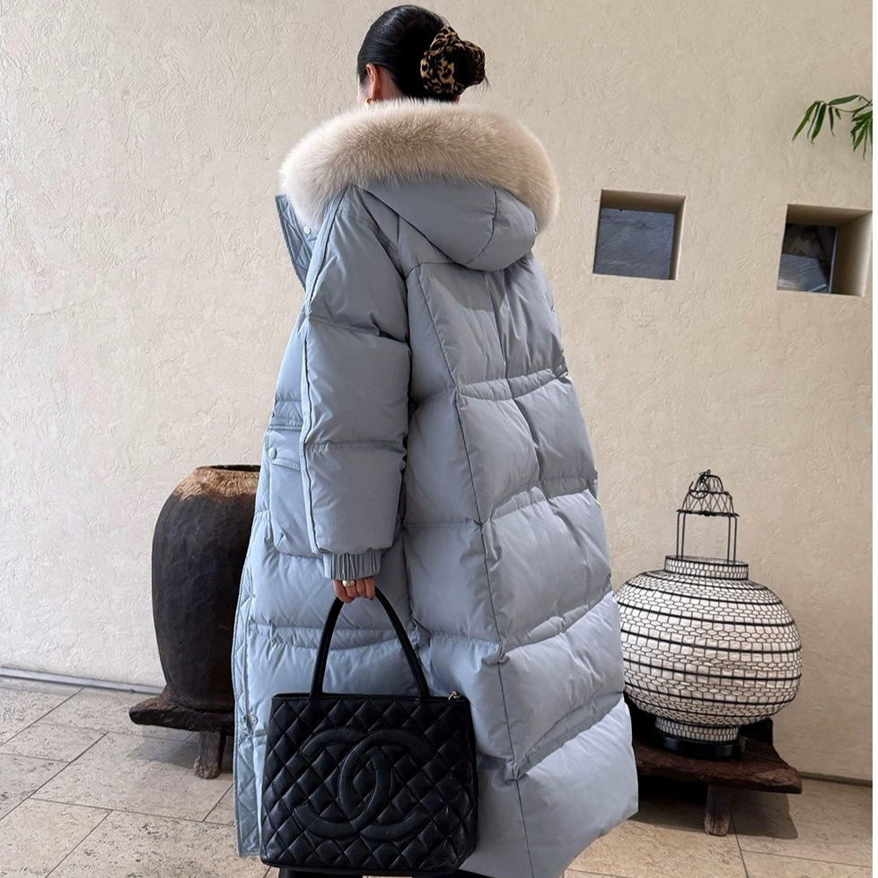 青一同款90白鸭绒羽绒服女长款2025年冬季新款狐狸毛加厚宽松外套