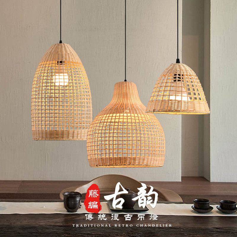 Landelier de caña bar sala de comedor estudio lámpara sala de té nostálgica lámpara de arte pastoral hogar tatami lienzo de caña