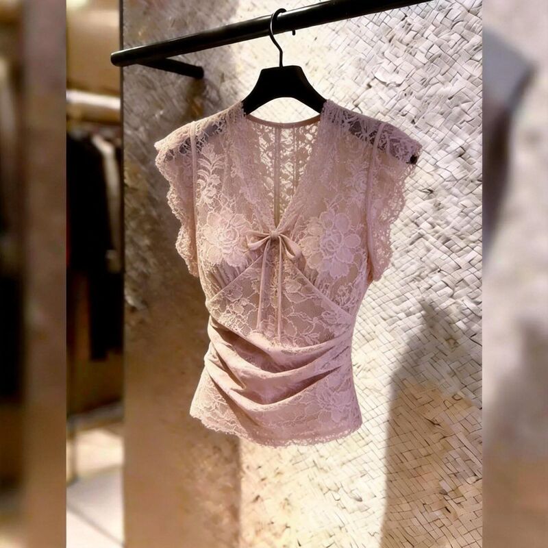 French-Style Lace V-Neck Top for Women, Stylish and Slimming, Versatile for Commuting, Pink Blouse, Super Stylish and Fashionable 2026 French-Style Lace V-Neck Top for Women, Stylish and Slimming, Versatile for Commuting, Pink Blouse, Super Stylish and Fashionable 2026