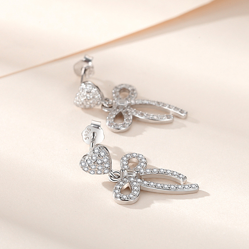 S925 precioso arco pendientes de plata esterlina 925 al por mayor de diamantes llenos pendientes de plata aguja femenina lindo arco pendientes