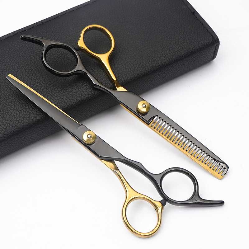 Forbici✂Forbici da parrucchiere a denti piatti in acciaio inossidabile nero e oro, set professionale per il taglio dei capelli_voghion.com