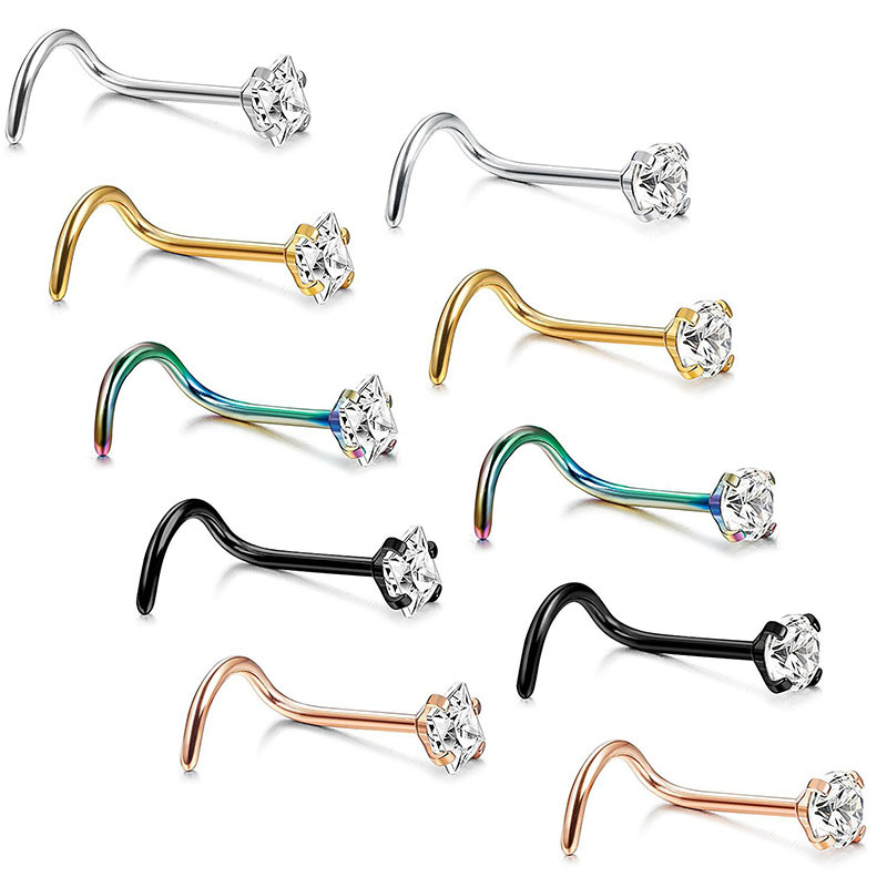 Piercing al naso a perno curvo in acciaio inossidabile 316L, rotondo, quadrato, con zircone, spessore 0,8 mm_voghion.com