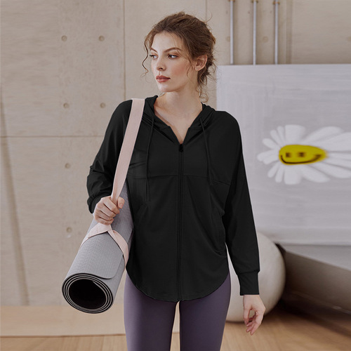 Loose yoga jacket, women's hooded zipper cardigan, thin long-sleeved sports top, sun protection clothing, slimming fitness clothing