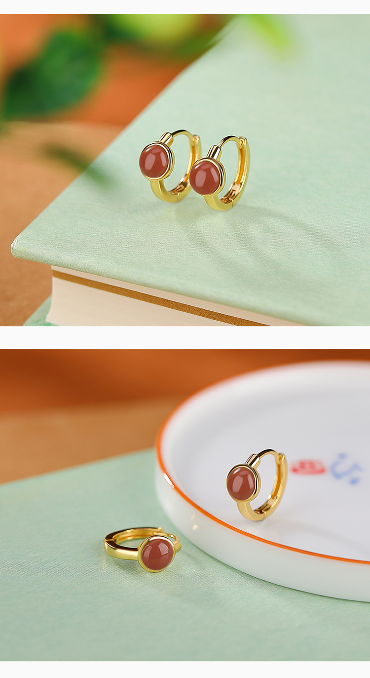 Bông tai kẹp tai nữ bạc S925 mạ vàng đính đá jasper đỏ hình hạt tròn phong cách đơn giản — Kiểu jasper màu bạc chi tiết 10