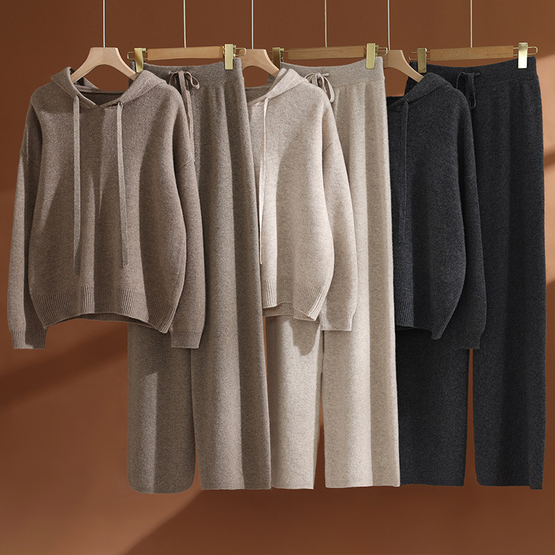 New Style Women's Korean-Style Loose Hooded Pure Wool Knit Sweater Top with Drapey Casual Straight-Leg Pants and Wide-Leg Pants Set