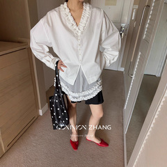 CZ ZHANG秋季法式俏皮少女花边纱网拼接v领层次感小众衬衫B33302
