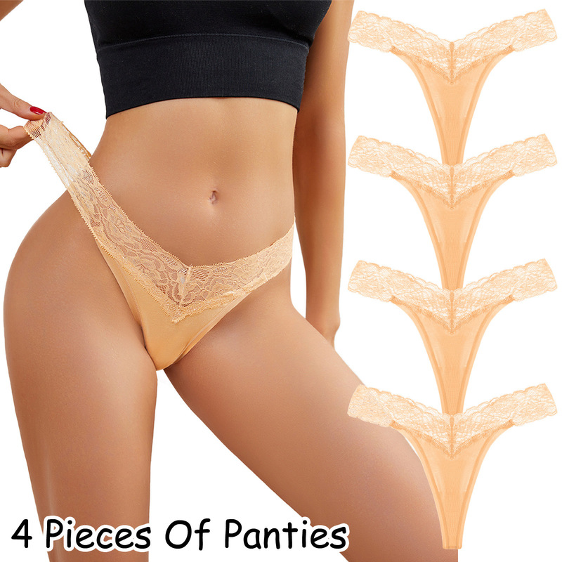 4 Pieces Low Waist One Piece plus size Lace Breathable Thong Sexy Cotton Crotch Sports Yoga Ladies Panties