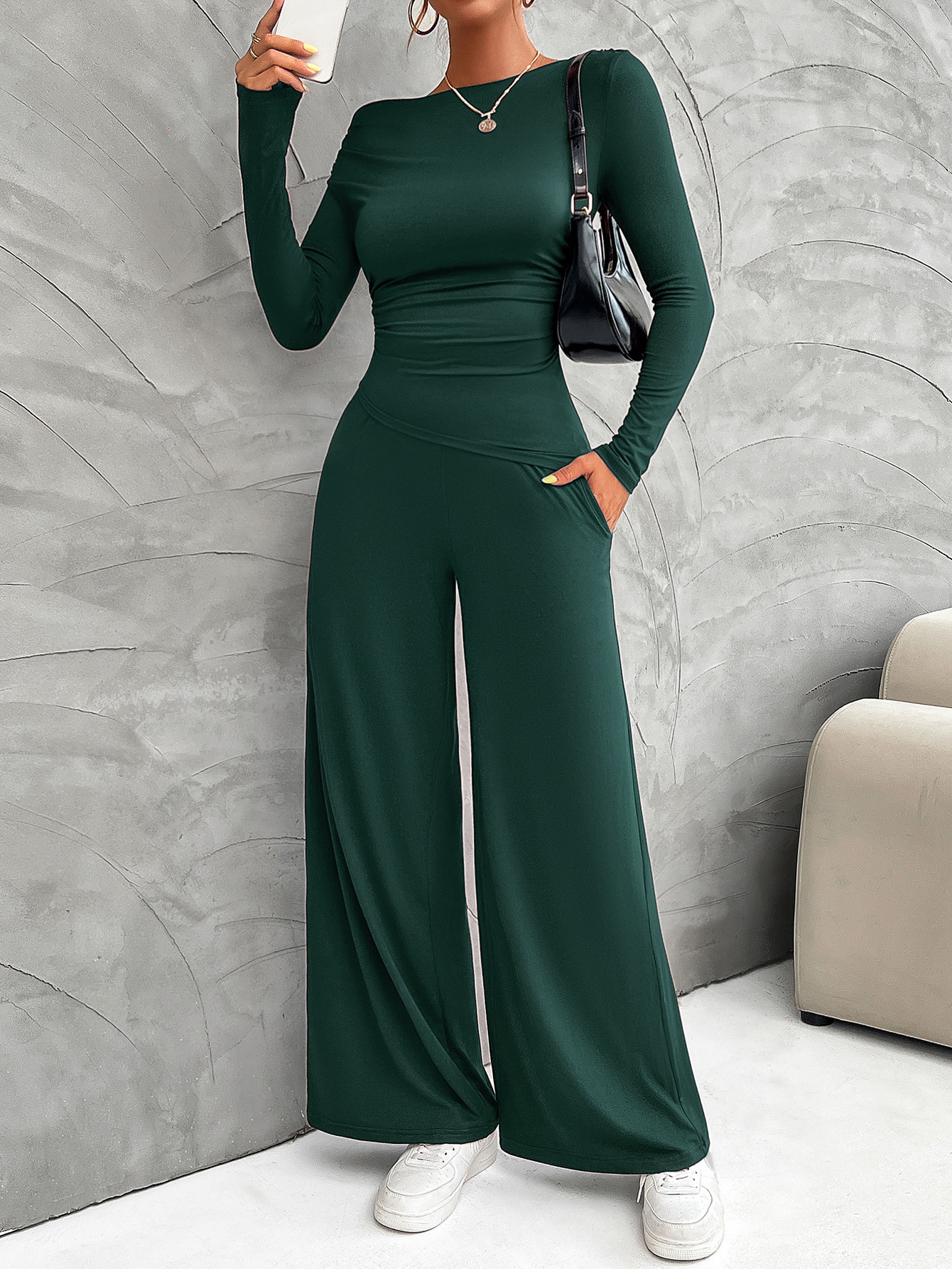 Y2K Damen-Set – Schmales Langarm-Oberteil & Hose mit weitem Bein (S-XL, Schwarz/Dunkelgrau/Khaki/Weinrot/Dunkelgrün/Braun/Dunkelblau)_voghion.com