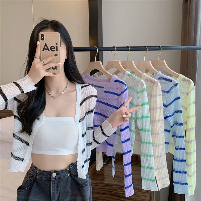 Summer 2025 New Sun Protection Ice Silk Knitted Cardigan Thin Stripesd Outer Air-Conditioning Shirt Short Top for Students