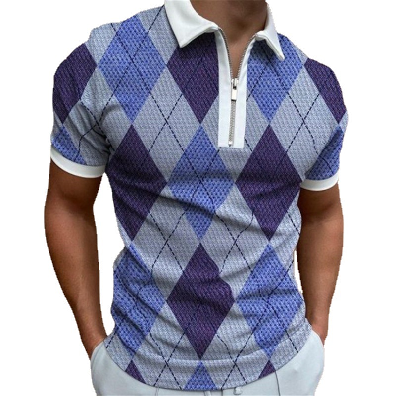 Camiseta Polo con Cierre de Solapa y Estampado Geométrico para Hombre, Estilo Europeo y Americano, Camiseta de Manga Corta de Verano para Hombre, Estilo Moderno Europeo y Americano 2025