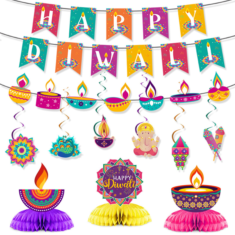 HAPPY DIWALIアルファベットプルフラワーインド排灯節パーティーパーティー配置横断幕スパイラルペンダント|undefined