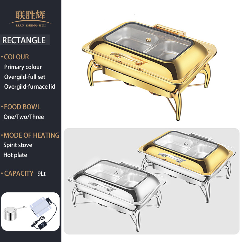 horno de buffet de acero inoxidable transfronterizo horno de buffet de hotel aislante de oro horno de calor eléctrico de alcohol dorado