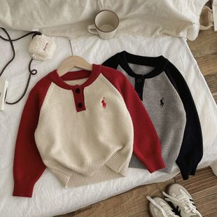 2025 New Autumn and Winter Embroidered Kidsren's Sweaters for Boys and Girls, Fashionable and Versatile Color-Blocked Pullover Sweater Jackets