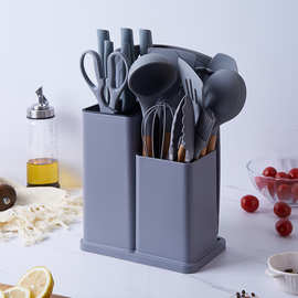 现货硅胶厨具19件套刀具组合套装木柄铲勺厨房不锈钢套刀带收纳桶