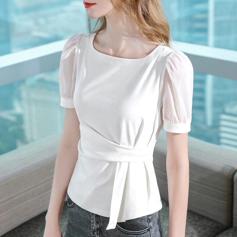 Camiseta de manga corta para mujer, verano 2022, escote cuadrado con inserciones de malla, mangas abullonadas de algodón, top ajustado a la cintura con diseño de mangas abullonadas.