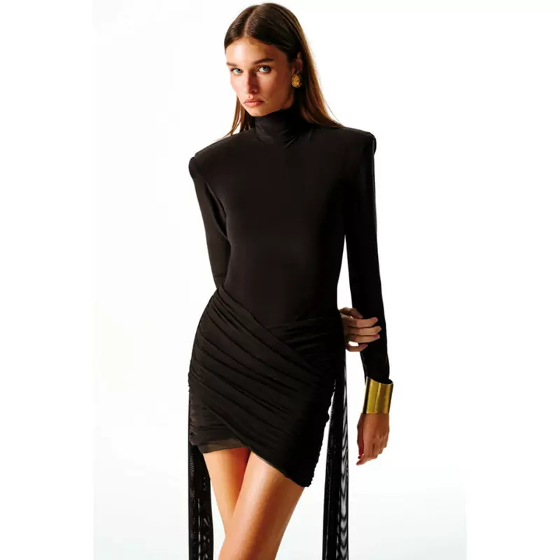 欧美跨境秋冬新款高领长袖连衣裙时尚性感气质辣妹紧身包臀短裙女