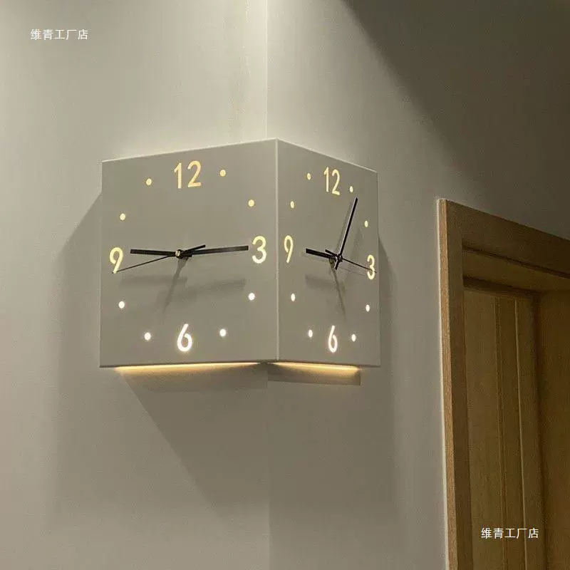 Corner Double-Sided Wall Clock, Two-Face Silent Design, LED Induction Options, Multi-Color