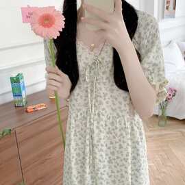 跨境专供外贸女四季睡裙双层纱婴儿棉简约碎花花边加长家居服睡衣