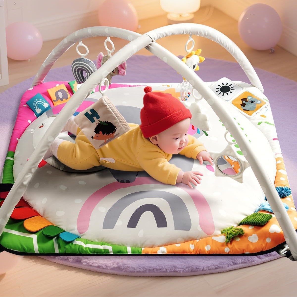 Baby Play Gym with 4 Developmental Zones Abdominal Time Mat Activity Mat with 6 Sensory Toys Visual Cards