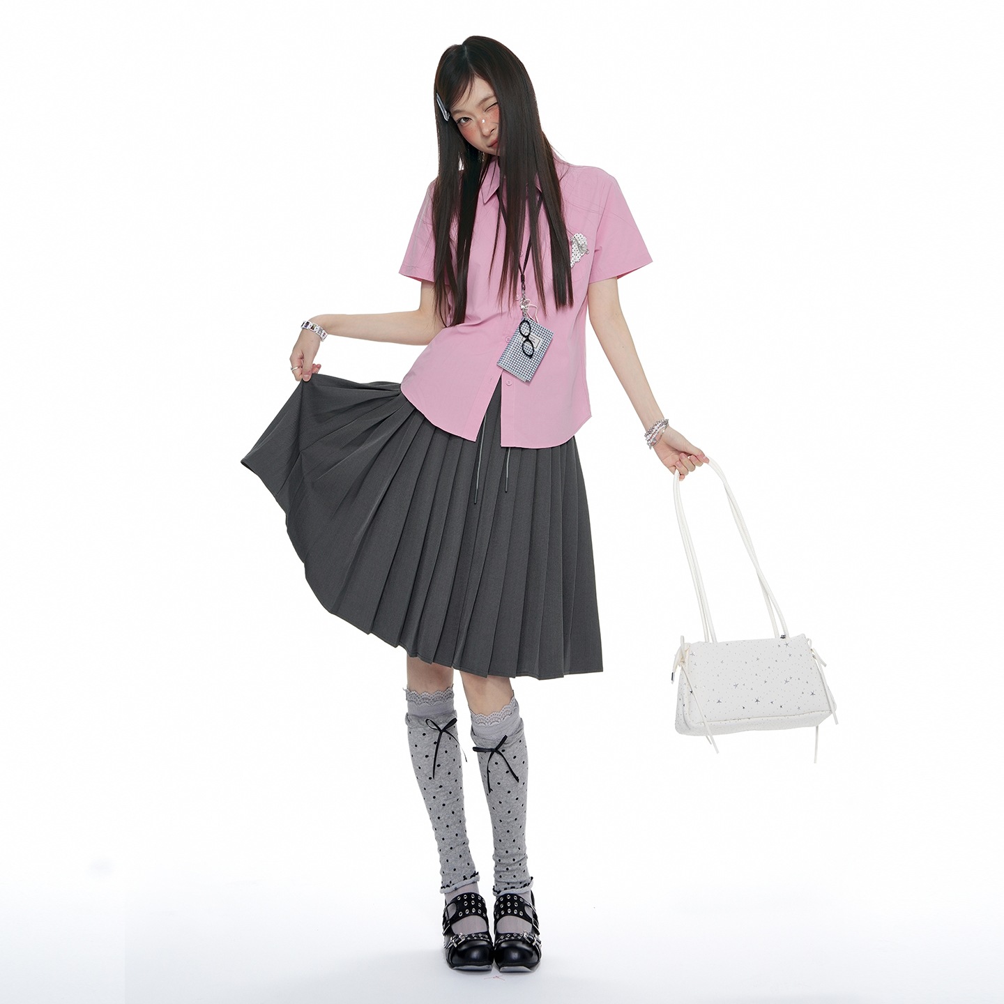 | 【新品】!2026夏季|韩系学院百褶半身裙灰色松紧腰抽绳A