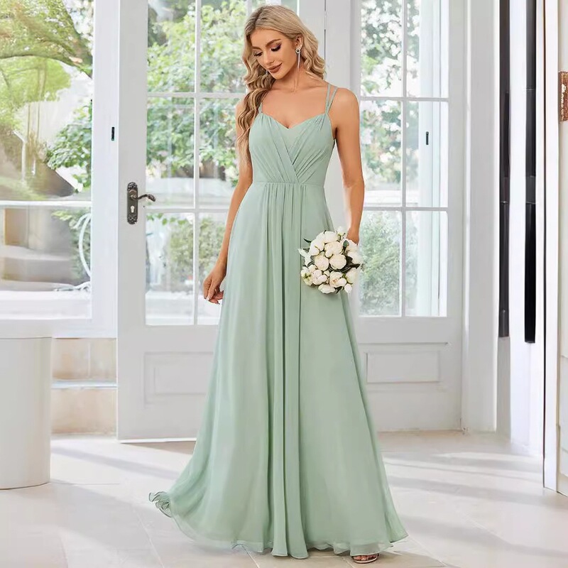 Aliexpress Elegant Evening Dress V-Neck Backless Long Dress 2026 New Chiffon Pleated Mint Green Bridesmaid Dress