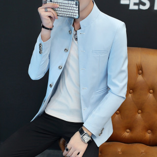 2024 New Long-sleeved Casual Collar Suit Men's Korean Style Slim-fit Trendy White Blue Red Black