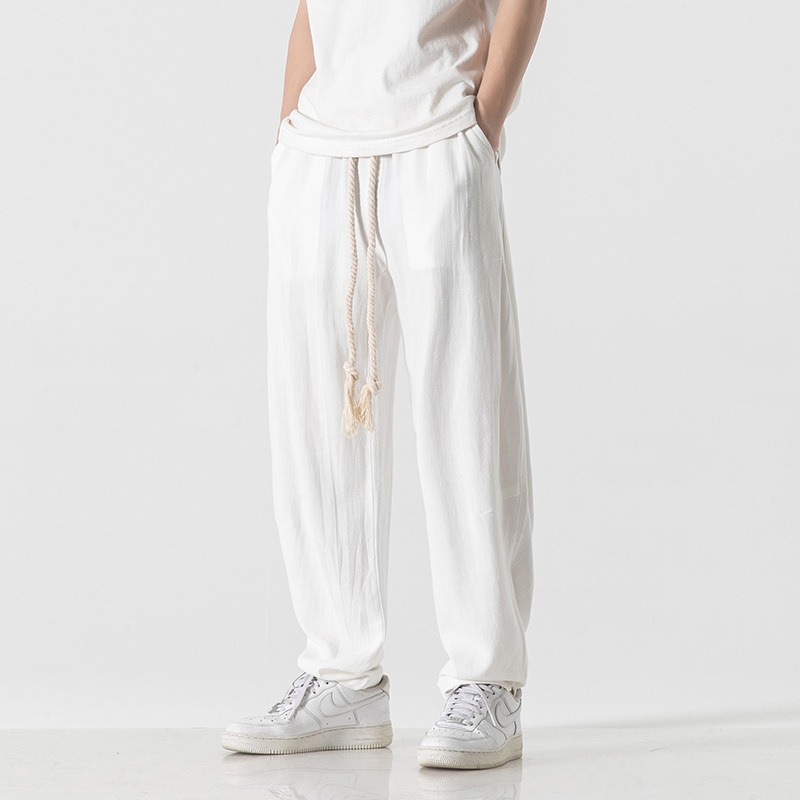 2024 Cross-border Summer New Men's Casual Trousers Chinese Style Cotton Linen Linen Japanese Style Breathable Loose Pants National Trendy