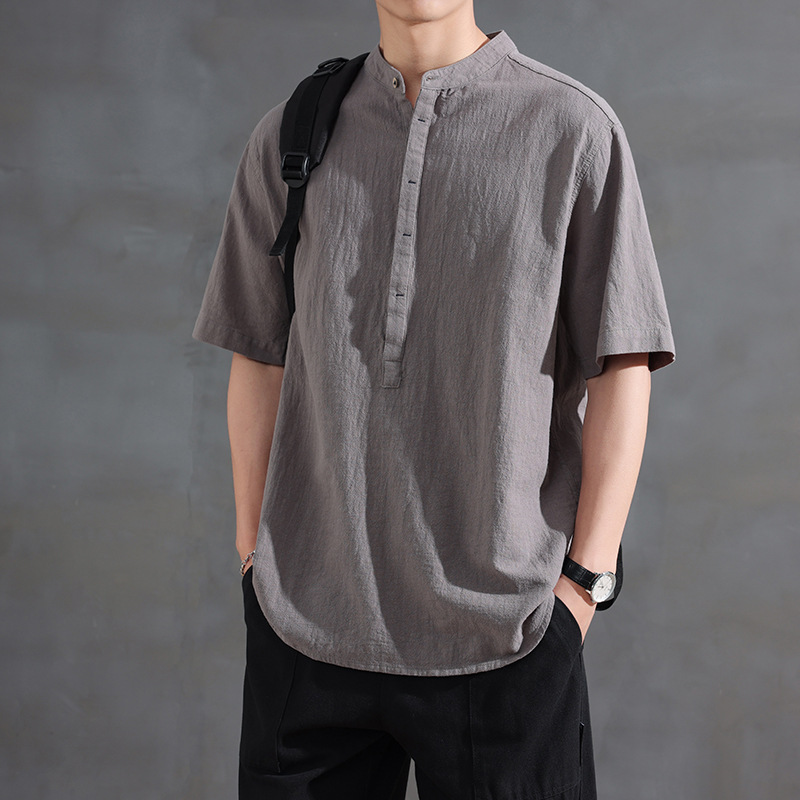 High-End Pure Linen Short-Sleeved T-Shirt Men's Summer Thin Tang Suit New Chinoiserie National Style Tencel Ramie Fabric Top