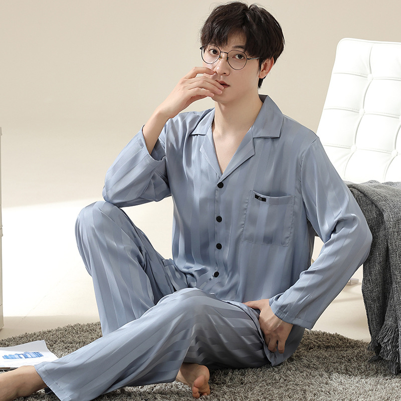 ZHUOJIA 남성용 얼음과 눈 실크 잠옷 봄, 가을 얇은 새 카디건 홈웨어 청소년 긴팔 바지 정장