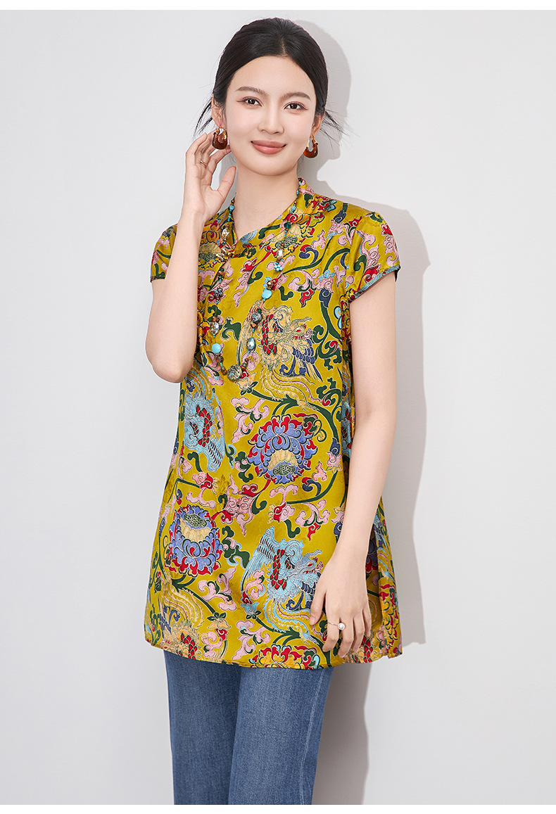 Áo sơ mi ngắn tay in họa tiết cổ điển chất liệu sợi mây lụa tơ tằm phong cách Trung Quốc mới — Caro màu vàng chi tiết 15