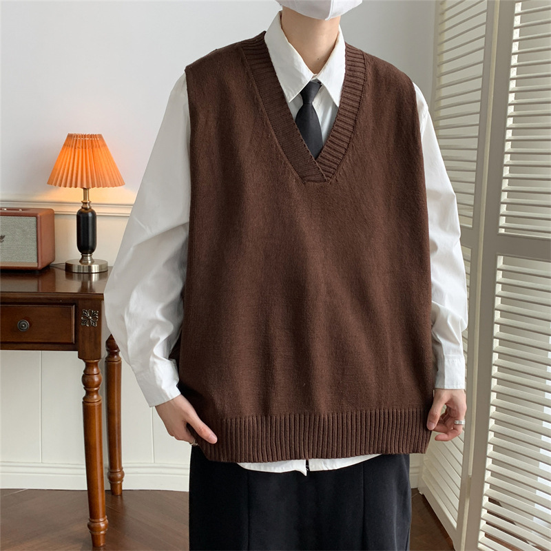 Japanese-Style V-Neck Vest Sweater for Men, Autumn Loose Casual Sleeveless Knit Vest, Outerwear, College Style Couple Outfit