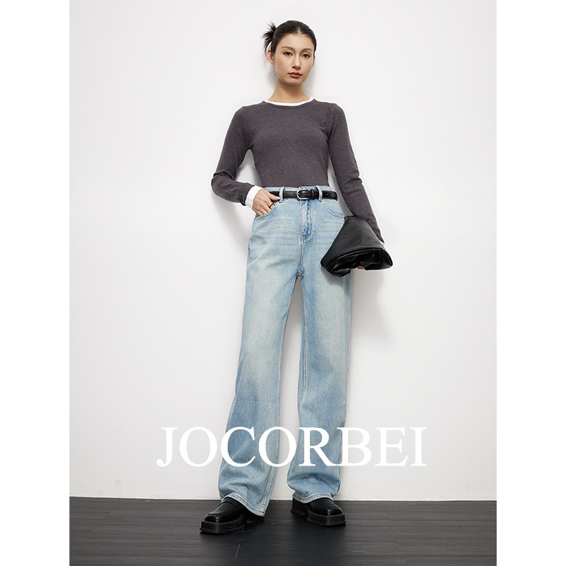 JOCORBEI [Four Seasons Bibei] Washed Blue Wide Leg Pants Women's High Waist Loose Straight Jeans Pants