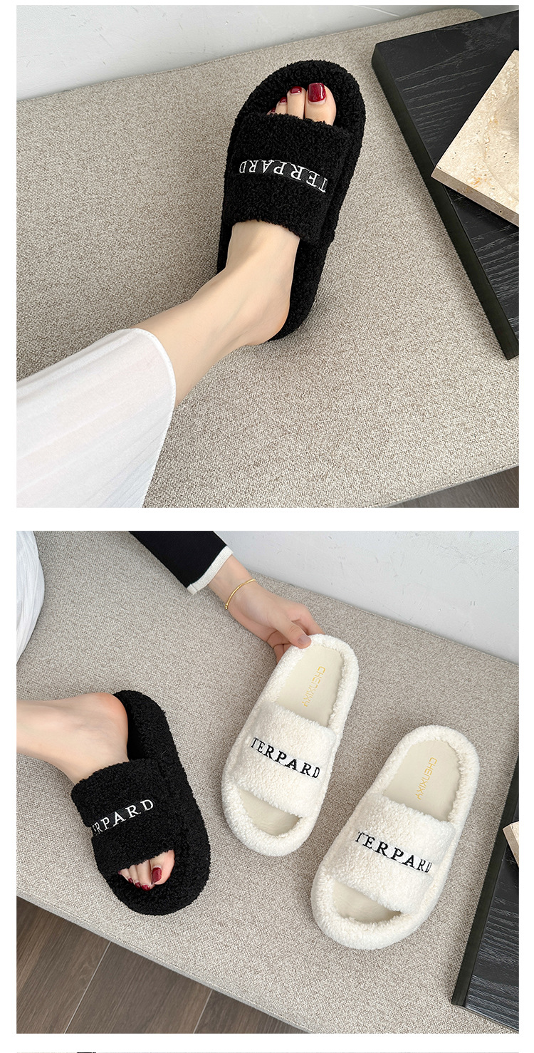 Pantofole in lana di agnello per capispalla da donna autunno e inverno nuovo stile casual versatile che aumenta le pantofole in pelliccia nera ricamate con suola spessa_voghion.com