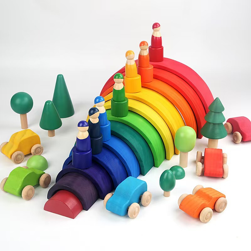 Children's Montessori Early Education Large Rainbow Building Blocks 12 Pieces Arch-Shaped Stacking Kindergarten Educational Construction Wooden Toys