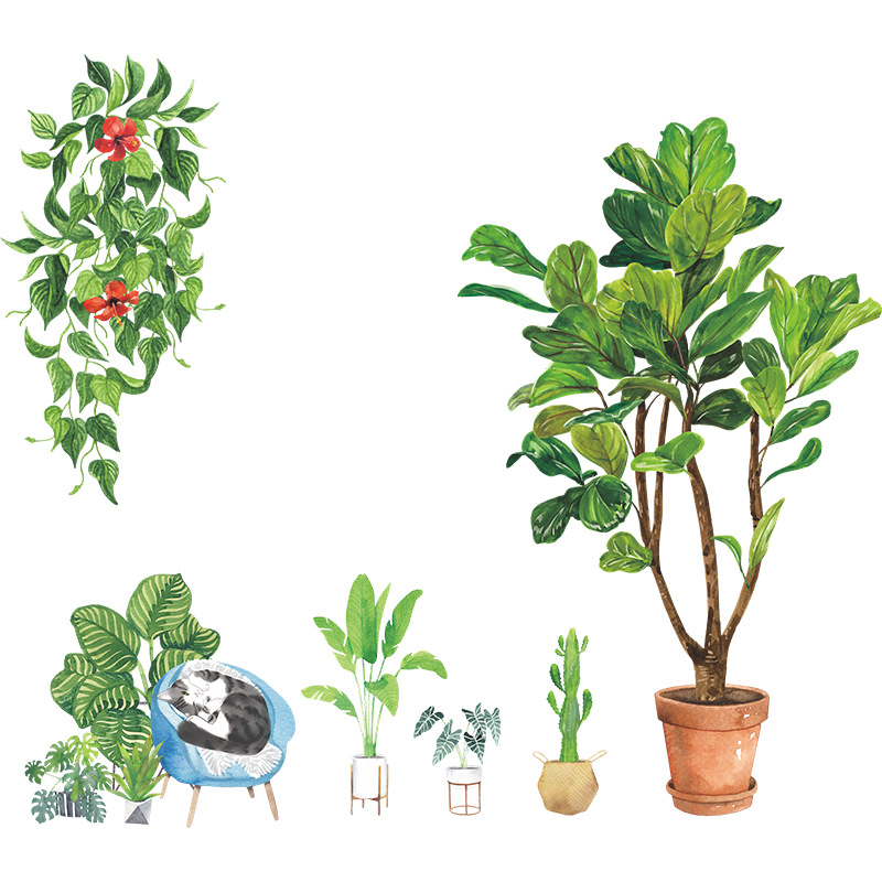 Nouvelles Plantes En Pot Tropicales De Style Coréen Stickers Muraux Chat Vert display picture 7