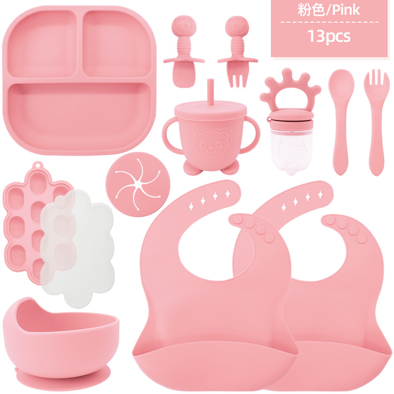 Juego de vajilla de silicona para niños transfronterizos Tazón de comida especial para bebés y niños pequeños Cuchara de silicona de grado alimenticio Juego completo de babero