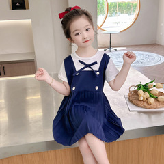 Girls' 2024 Summer Dress Short Sleeve Children's College Style Princess Dress Little Girl Doll Collar Stylish Pleated Skirt