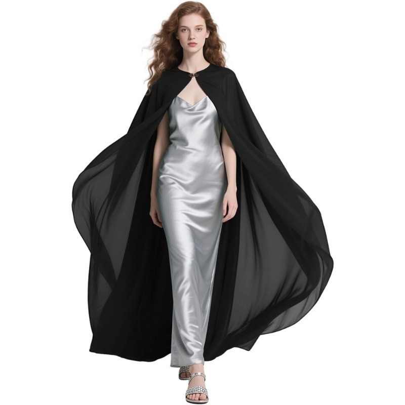 Black Chiffon Mid-Length Shawl for Women, Vintage Ethnic Style Hanfu Cape, Performance Outfit, Runway Show, Hoodless Stage Wear